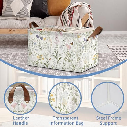 Wildflowers Butterfly Storage Baskets,Plants Botanical Foldable Large Capacity Organizer Bins with Waterproof Lining and Leather Handles for Closet,Shelf,Bedroom 17x11.5x10Inch - color: Wildflowers Butterfly Plants Botanical