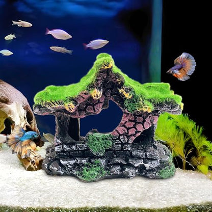 Resin Hollow Hideout House for Aquarium Decoration Fish Tank Accessories Betta Cave with Lifelike Moss for Shrimp Fish Shelter - style: Pavilion