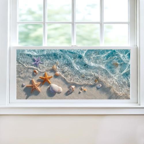 Window Privacy Film 17.3 x 39.3 Inch Seashell Beach Window Film Static Cling Decorative Window Covering for Bathroom Kitchen Decor