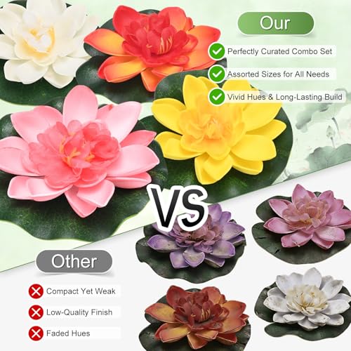 M METERXITY 1-Set Artificial Floating Foam Lotus Flower with Water Lily Pad, 4 Inch Fake Lotus Flowers Water Lilies for Pool/Fountain/Garden Decor, Pond Plants Ornaments [White]