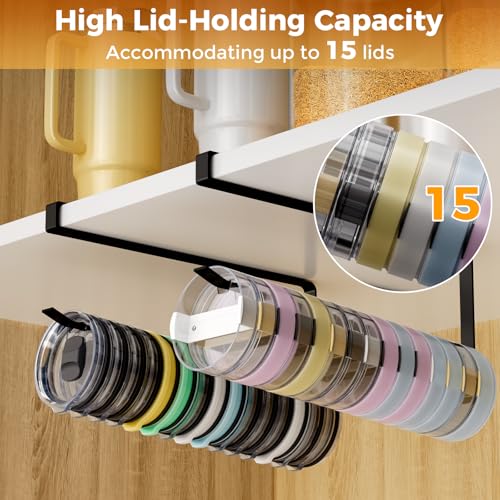 Tumbler Lid Organizers, Ample Lid Capacity Up to 15 Lids, No Adhesive No Drill Tumbler Lid Organizer Holder Inside Cabinet, Space-Saving Tumbler Cup Lid Holder Organizer