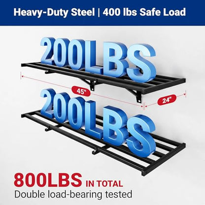 FLEXIMOUNTS 2-Pack 2x4ft Garage Wall Shelving, 8 Hooks, Heavy Duty, Black | Heavy Duty Garage Shelving Wall Mounted, 400lbs Capacity, Storage for Power Tools, Garden Supplies, Storage Bins, Lite Series - size: 2 pack-2x4 ft