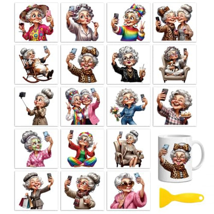 Peacoblue 18 Sheets Rub on Transfers for Crafts, Funny Grandma Selfie 3.6"x3.9" UV DTF Cup Wraps Waterproof Cold Transfers Stickers for Wood Glass Metal Cup Tumblers Mirrors Mugs Home Decor - style: Funny Grandma Selfie