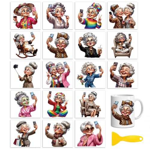 Peacoblue 18 Sheets Rub on Transfers for Crafts, Funny Grandma Selfie 3.6"x3.9" UV DTF Cup Wraps Waterproof Cold Transfers Stickers for Wood Glass Metal Cup Tumblers Mirrors Mugs Home Decor - style: Funny Grandma Selfie