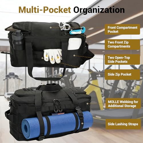 kokkoya 40L Tactical Gym Duffel Bag Molle Backpack for Men Travel | Main compartment opens 270 degrees. Hidden straps enable hand, shoulder and backpack carry with MOLLE organization system