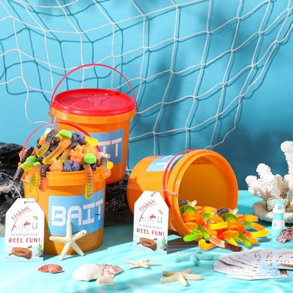 24 Sets Fishing Party Favors Small Fish Bait Bucket 1.2l Candy Bucket with Lids and Thank You Cards for Making My Reel Fun Fishing Theme Birthday Party Decorations