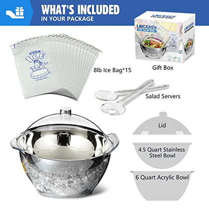 Iced Salad Bowl, 4.5 Qt Large Chilled Serving Bowl with Lid for Parties, Ice Bowls to Keep Veggie, Fruit, Potato, Pasta Cold, Unique Gift for Women - size: 4.5Qt (Iced Salad Bowl)