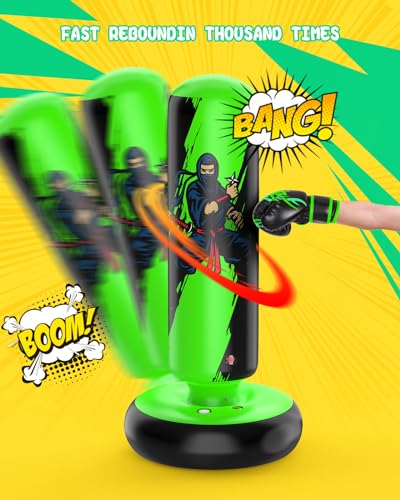 QPAU Punching Bag for Kids, 66 Inch Stable Inflatable Boxing Bag with Boxing Gloves, Stand Kids Punching Bag Toy for Boys & Girls Age 6-12, Boxing Set for Practicing Karate, Taekwondo, MMA - color: Green