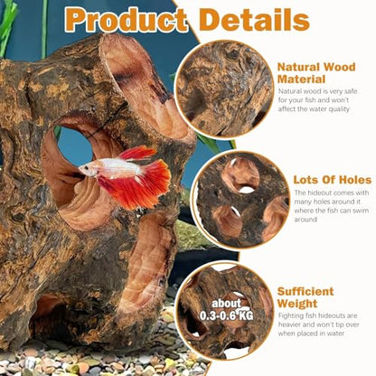 Betta Fish Cave Natural Wood Betta Fish Hideout for Aquarium Fish Tank Decorations Hideout Betta Fish Accessories Habitat Shelter for Crayfish Shrimp and Other Aquatic Pets