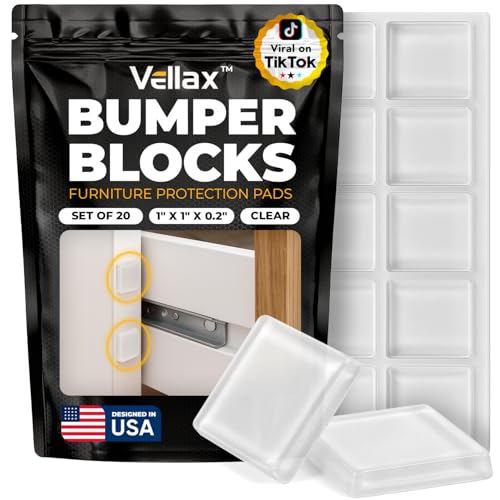20 Clear Silicone Bumper Blocks – 1" x 1" Anti-Slip Pads for Cabinets, Glass Table Tops, and Chairs – Wall Protector & Soft-Close Noise Dampening Pads by Vellax