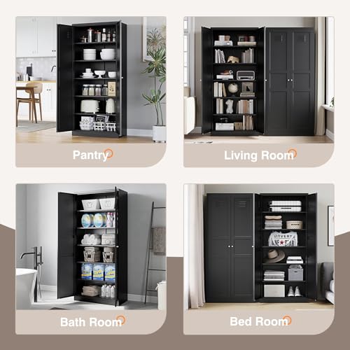 Metal Storage Cabinet with 2 Doors and 5 Adjustable Shelves - 71" Black Kitchen Pantry Storage Cabinet, 5-Tier Tall Steel Cabinet Locker for Kitchen, Living Room, Dining Room