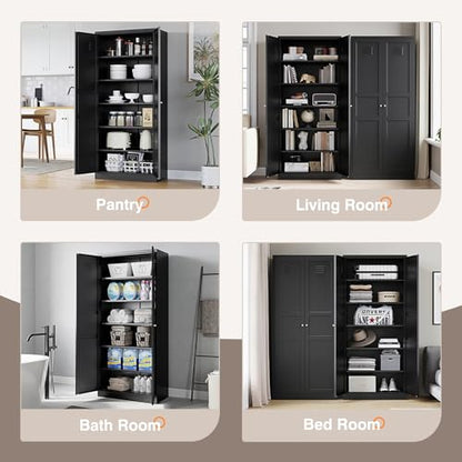 Metal Storage Cabinet with 2 Doors and 5 Adjustable Shelves - 71" Black Kitchen Pantry Storage Cabinet, 5-Tier Tall Steel Cabinet Locker for Kitchen, Living Room, Dining Room
