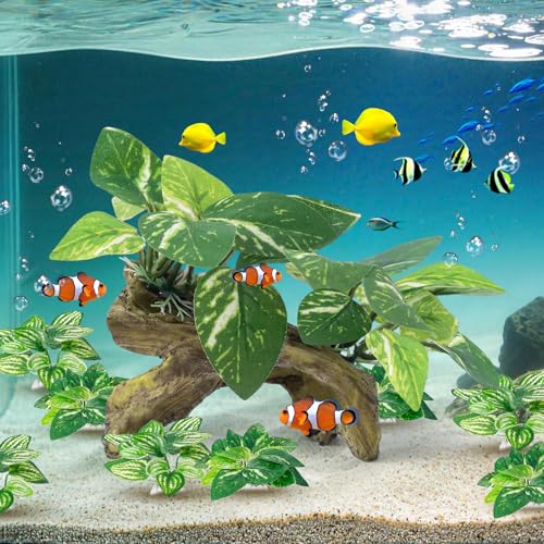 9 Pcs Fish Tank Decor，Silk Aquarium Plants Green Silk Leaf pad Hammock Artifical Driftwood cave Betta Fish Tank Accessories 6 x 3 x 4 inches(LxWxH) - size: 9 Pcs Silk Aquarium Plants（Style B）