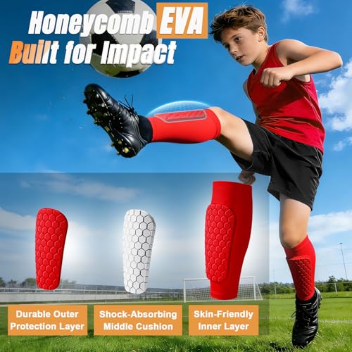XZQTIVE Soccer Shin Guards Shin Defender for Kids Youth Adult, Ski Shin Guard Calf Compression Sleeve with Honeycomb Shin Pads - color: red, size: XX-Small