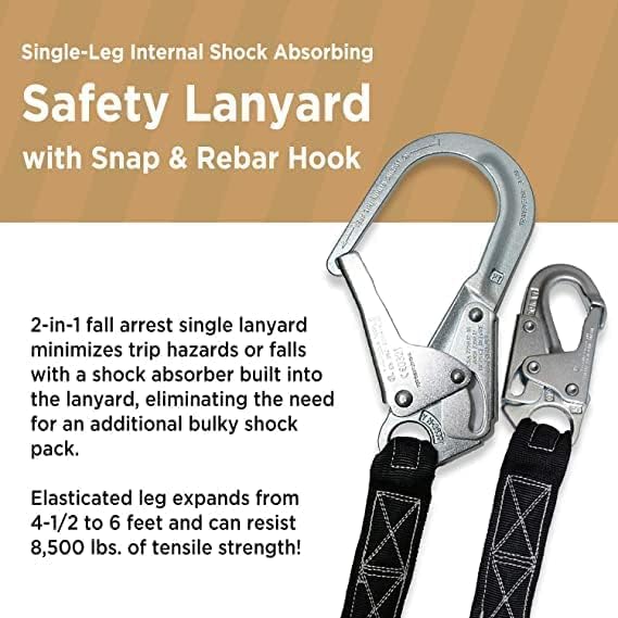 AFP Demon Comfortable Fall Protection Harness Kit – OSHA/ANSI PPE Full Body Safety Harness for Construction Work - size: Large-Extra Large, style: Harness + Single Leg Rebar Hook