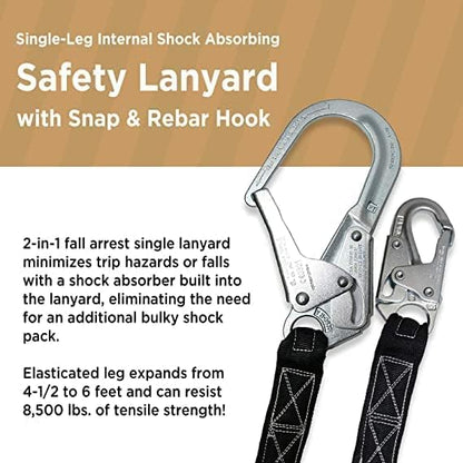 AFP Demon Comfortable Fall Protection Harness Kit – OSHA/ANSI PPE Full Body Safety Harness for Construction Work - size: Large-Extra Large, style: Harness + Single Leg Rebar Hook