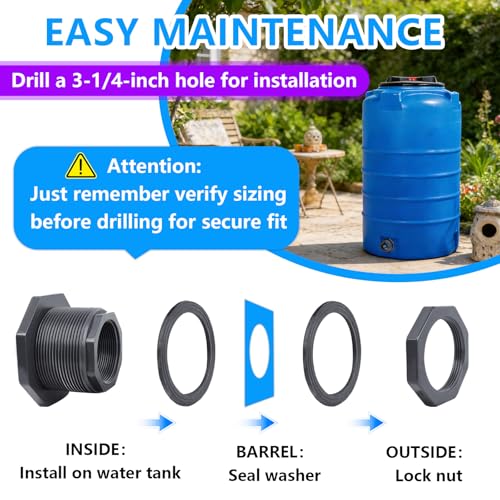 2 Pcs 2 Inch PVC Bulkhead Fitting (NPT Threads), Heavy-Duty Plumbing Water Tank Connector Kit with Reinforced Seals for Rain Barrels, Water Tanks, Aquariums, Tubs, Pools