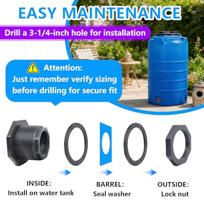 2 Pcs 2 Inch PVC Bulkhead Fitting (NPT Threads), Heavy-Duty Plumbing Water Tank Connector Kit with Reinforced Seals for Rain Barrels, Water Tanks, Aquariums, Tubs, Pools