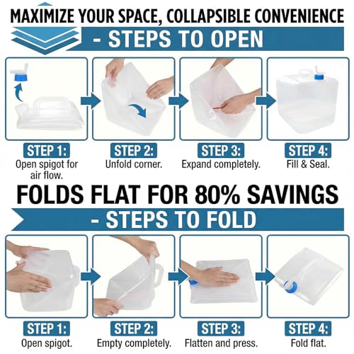3-Pack 5.3 Gallon (20L) Collapsible Water Containers with Spigot - BPA-Free PE Water Jug - Leak-Proof Water Storage Bag for Camping, Hiking & Emergency Backup - Portable, Foldable