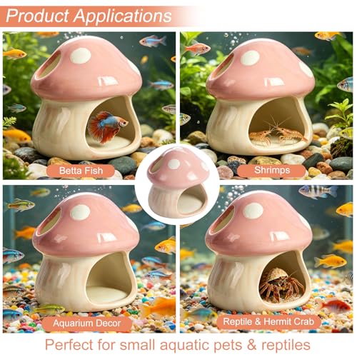Ceramics Mushroom House Aquarium Decor, Betta Fish Tank Accessories Landscape Decoration, Small Shrimp Goldfishes Habitat Hut Pleco Smalland Breeding Hide Caves Toad House - Pink