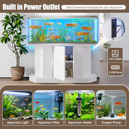 Modern 55-75 Gallon Fish Tank Stand with Power Outlet (4 AC 2 USB Ports), Heavy Duty Aquarium Stand with Cabinet Storage for Fish Tank, Turtle Tank, Reptile Terrarium, 1000LBS Capacity, White