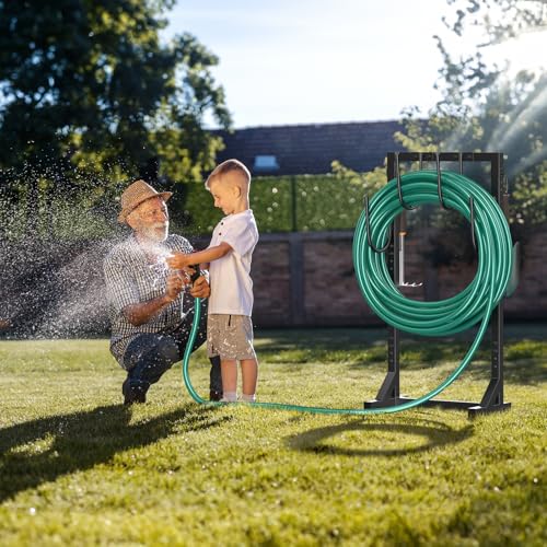 Garden Hose Holder, Metal Freestanding Hose Stand with 4 Spikes, Holds up to 150FT Hose, Sturdy Hose Reel Alternative, Heavy Duty Hose Storage for Outside Yard Lawn - color: Black-double