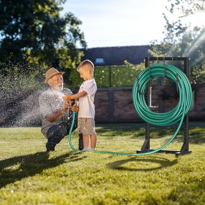 Garden Hose Holder, Metal Freestanding Hose Stand with 4 Spikes, Holds up to 150FT Hose, Sturdy Hose Reel Alternative, Heavy Duty Hose Storage for Outside Yard Lawn - color: Black-double