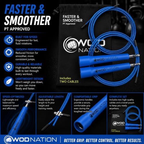 WOD Nation Adjustable Speed Jump Rope For Men, Women & Children - Blazing Fast Fitness Skipping Rope Perfect for Boxing, MMA, Endurance - color: Blue