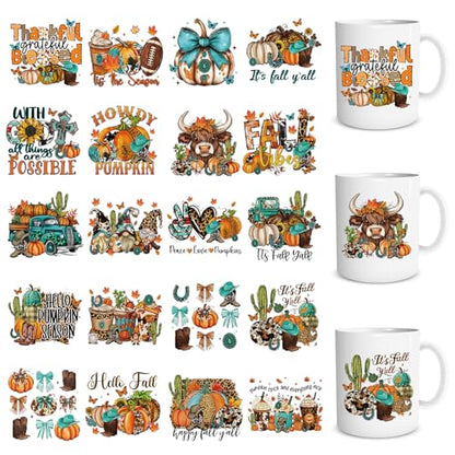Fall UV DTF Stickers - 20 Sheets Vintage Western UV DTF Cup Wraps for 16 oz Glass, Cow Cute Bow Cactus Boot Rub on Transfer Stickers, Waterproof Uvdtf Decals for Water Bottle, DIY Crafts - style: Western Fall