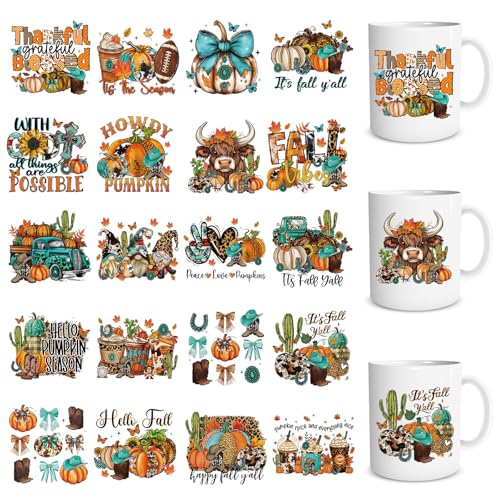 Fall UV DTF Stickers - 20 Sheets Vintage Western UV DTF Cup Wraps for 16 oz Glass, Cow Cute Bow Cactus Boot Rub on Transfer Stickers, Waterproof Uvdtf Decals for Water Bottle, DIY Crafts - style: Western Fall