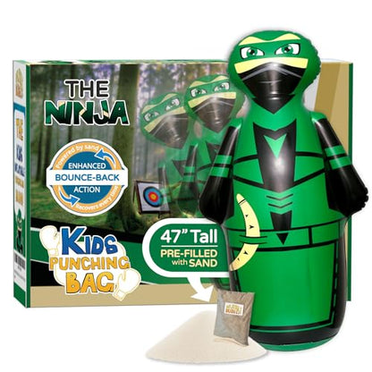 INFLATABLE DUDES Kids Punching Bag- Bop Bag | Sand-Base - color: Green Archer Standard Ninja | Pre-filled with Sand, size: 47"
