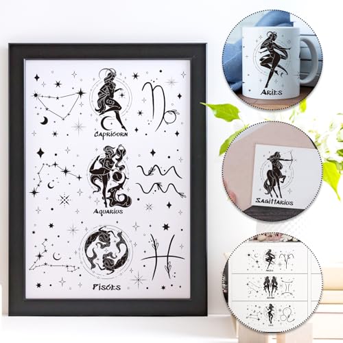 Constellation UV DTF Cup Wraps - 12 Sheets Twelve Zodiac Signs Uvdtf Decals for 16 oz Glass Cups, Black Astrology UV Transfer Stickers, Waterproof Rub on Transfer for Water Bottle DIY Crafts - style: Twelve Zodiac Signs
