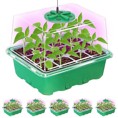 5 Packs Seed Starter Tray with Plant Light, Elevated Seedling Starter Trays Kits with Adjustable Humidity Domes and Clear Cell Tray, 12 Full Spectrum led lamp Beads for Plants Indoor-Green - color: Green, size: 5 Packs, with light