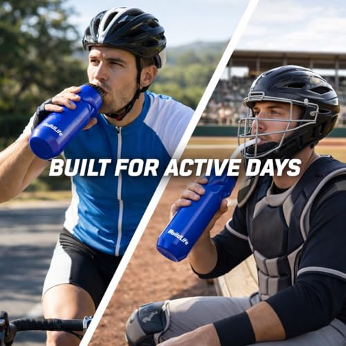 Hockey Water Bottle with Long Straw - 32 OZ Squeeze Sports Water Bottles 2 Pack with 2 Lids Each(Straw and Squeeze),Lacrosse Water Bottle for Helmet Hockey,Football,Boxing,BPA Free,Dishwash Safe(Blue) - color: Blue