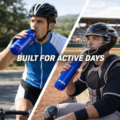 Hockey Water Bottle with Long Straw - 32 OZ Squeeze Sports Water Bottles 2 Pack with 2 Lids Each(Straw and Squeeze),Lacrosse Water Bottle for Helmet Hockey,Football,Boxing,BPA Free,Dishwash Safe(Blue) - color: Blue