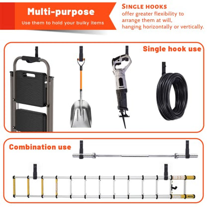 4 Pack Garage Storage Hooks, 4 Inch Wall Mount Ladder Hangers | Heavy Duty Wall Hooks, Utility Steel Ladder Hooks for Hanging Shed Tools, Ropes, Garden Hoses, Shovel, Bulk Items | 88 Lbs - size: 4 Pack (4 inch)