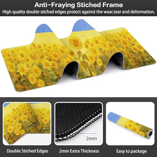 Field of Sunflowers Desk Mat,Large Sunflower Oil Painting Gaming Keyboard Mouse Pad,Non-Slip Rubber Base Desk Pad Thick Stitched Edges Waterproof Mousepad Mouse Mat 31.5"x11.8" - color: Field of Sunflowers