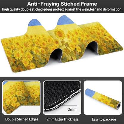 Field of Sunflowers Desk Mat,Large Sunflower Oil Painting Gaming Keyboard Mouse Pad,Non-Slip Rubber Base Desk Pad Thick Stitched Edges Waterproof Mousepad Mouse Mat 31.5"x11.8" - color: Field of Sunflowers