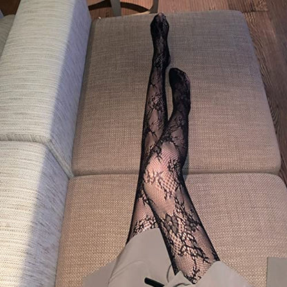 Verdancy 2Pcs Women’s Ultra Stretchable Pantyhose Hollow Floral Patterned Lace Stockings Fishnet Tights Plus Size - color: 2pcs Black & White Tree Vine
