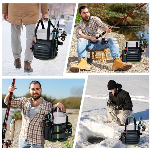 Fishing Bucket Organizer for 5 Gallon Bucket Accessories, Fishing Tackle Bag with Adjustable Buckle, Fishing Rod Bag with 15 Multi-Pockets for Fishing Gear and Equipment (Dark Gray)