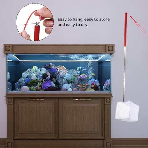 3 Inch Aquarium Net, Fish Net for Fish Tank with 8.6" to 39" Long Extendable Stainless Steel Handle Red Small Square Fine Mesh Shrimp Nets Pond Food Residue Debris Skimming Tool for Fishes Shrimp
