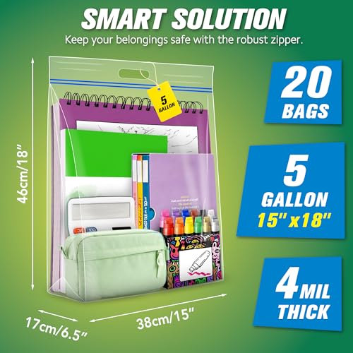 HIBAG 5 Gallon Large Storage Bags, 15” x 18” Resealable Clear Bags with Handle, Extra Large XL Heavy Duty for Clothes Pillow Travel Moving, Pack of 20 - size: 5 gal - 20 pack
