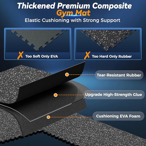 SUPERJARE 1" Extra-Thick Rubber Top Exercise Mat, Gym Flooring for Home Gym | Puzzle Gym Mat for Workout Equipment, Interlocking Floor Tiles with EVA Foam, 6 Pcs 24 Sq Ft, Black/Grey - size: 6 Tiles (24 Sq Ft)
