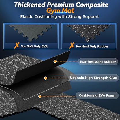 SUPERJARE 1" Extra-Thick Rubber Top Exercise Mat, Gym Flooring for Home Gym | Puzzle Gym Mat for Workout Equipment, Interlocking Floor Tiles with EVA Foam, 6 Pcs 24 Sq Ft, Black/Grey - size: 6 Tiles (24 Sq Ft)