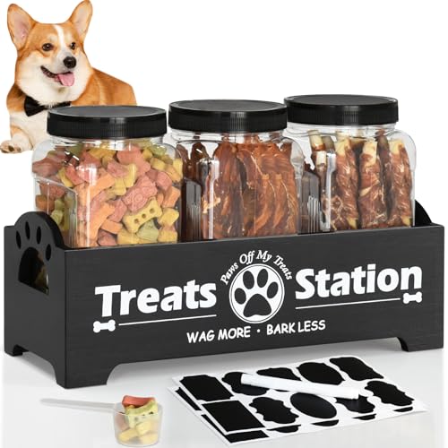 Dog Treat Container Dog Food Storage Container for Countertop, Cat Food Storage Container with 3 Plastic Dog Treat Jar, Dog Food Storage Container for Dog and Cat, Black Wooden Dog Food Container - color: Black-3 jars