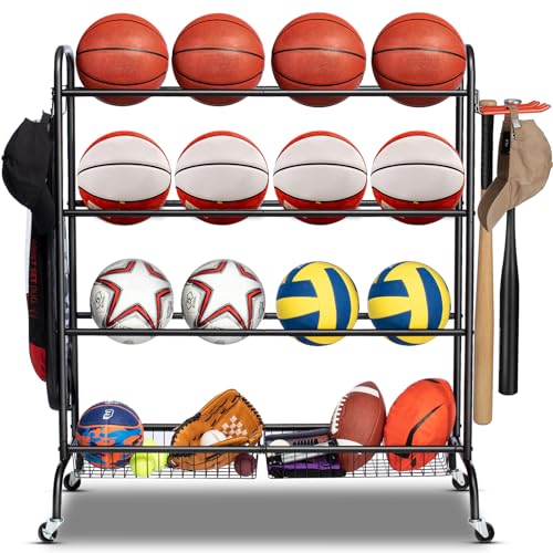 EXTCCT Basketball Rack with Wheels, 4 Tier Garage Ball Storage Organizer | Heavy duty rolling balls cart with two basket storage, ball holder, Sports equipment organized for outdoor, indoor, Black - color: Standard Black
