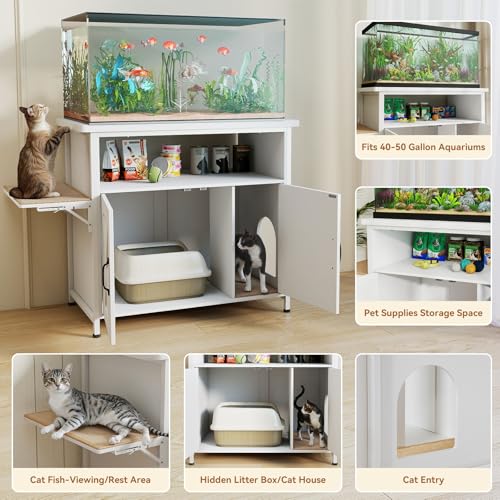 40-50 Gallon Fish Tank Stand with Hidden Cat Litter Box Enclosure Furniture, Cat Viewing Aquarium Stand with Storage Shelf & Side Cat Perch, 36.2"x20.5" Tabletop, 660 LBS Capacity