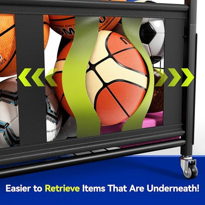 Sports Equipment Organizer, Large Capacity Garage Ball Storage Rack | Heavy-Duty Rolling Ball Cart with Locking Wheels for Basketball, Soccer & Sports Gear