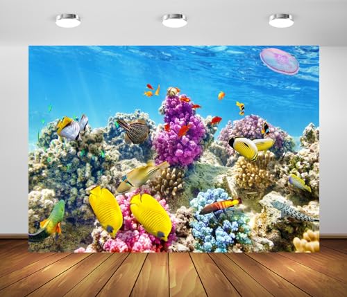 BELECO 9x6ft Fabric Underwater World Backdrop Undersea Tropical Fish Coral Reef Blue Deep Sea Aquarium Background Under The Sea Party Decorations Baby Shower Birthday Shoot Photo Props - size: 9x6FT