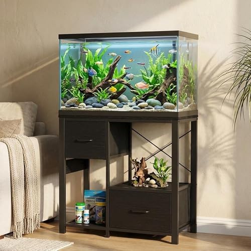 Garvee 20-29 Gallon Fish Tank Stand with Power Outlets, Heavy Duty Metal and Wood Aquarium Stand with 4-Tier Open Storage Shelves and Sturdy Legs - color: Black, size: 31.5